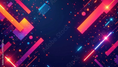 Intricate geometric shapes in bold neon colors, lines, circles, squares