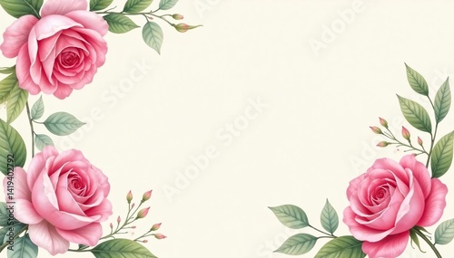 Delicate watercolor roses & leaves, soft blush pink on cream , summer, spring