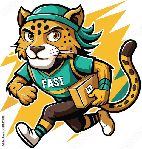 A mascot logo of a determined and speedy cartoon cheetah wearing athletic gear, representing fast delivery and efficiency for a logistics service