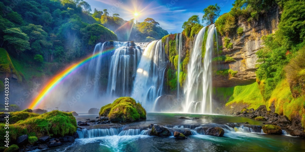 Obraz premium Majestic waterfall cascades, creating a spectacular rainbow in a breathtaking natural landscape.