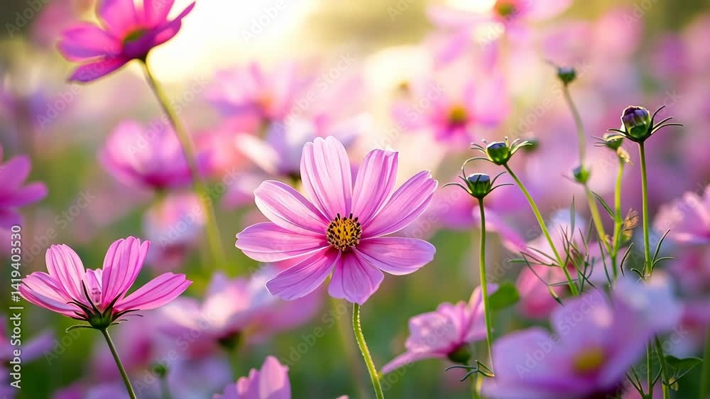 Delicate pink cosmos flowers blooming in a meadow, illuminated by soft, warm sunlight, with budding plants adding depth to the picturesque scenery Delicate pink cosmos flowers blooming in a meadow, illuminated by soft, warm sunlight, with budding plants adding depth to the picturesque scenery
