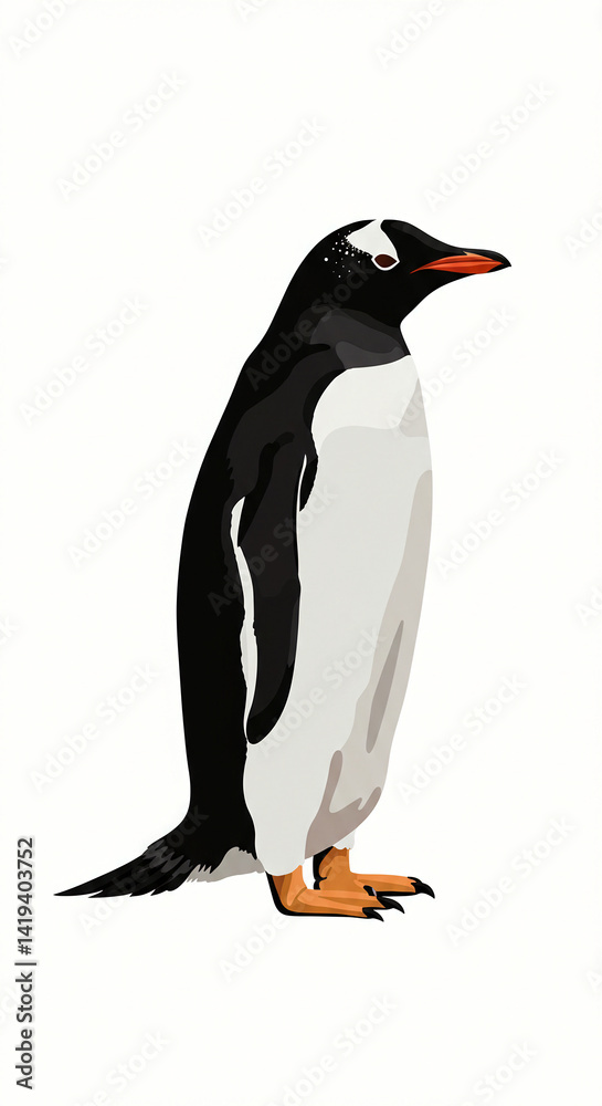 Fototapeta premium Standing Penguin Illustration in Black and White with Orange Beak