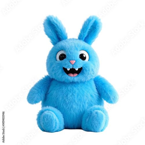 Adorable blue rabbet monster plush with big eyes and a happy face, in a playful pose PNG file download