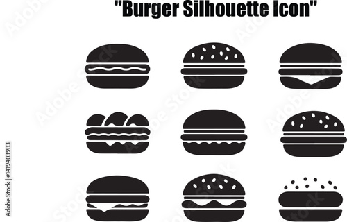 This set features various simple, black silhouette icons of hamburgers, suitable for use in menus, websites, or any design project related to food, fast food, or restaurants.