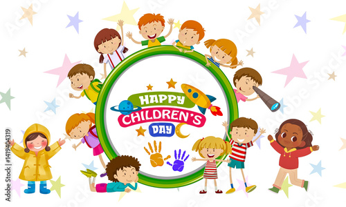 Wallpaper Mural happy children’s day colorful cartoon illustration with kids holding hands around rainbow for international celebration poster design joyful childhood concept artwork Torontodigital.ca