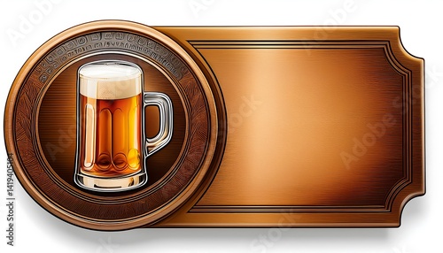 Detailed illustration of a wooden beer sign with a frosty mug and blank banner for customization