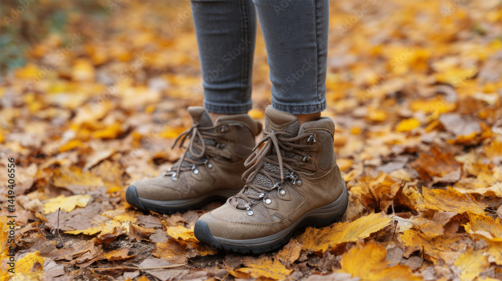Hiking boots resting on golden autumn leaves, capturing serene wilderness walking moment surrounded by fall foliage Hiking boots resting on golden autumn leaves, capturing serene wilderness walking moment surrounded by fall foliage