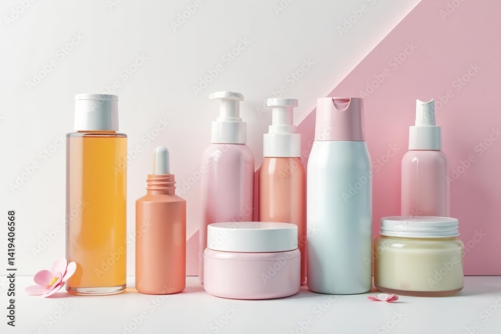 Variety of cosmetic containers on white backdrop , assortment, promotion, skincare Variety of cosmetic containers on white backdrop , assortment, promotion, skincare