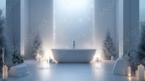 A calming and serene bathroom decorated with snow themed elements