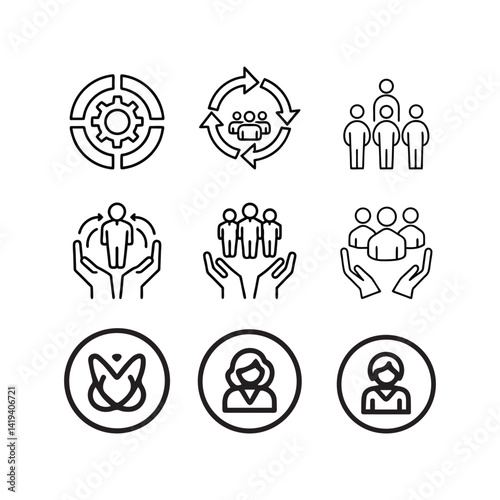  Black and White HR Management Icons – Employee Lifecycle and Career Development Symbols
