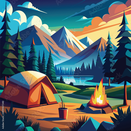 A cartoon illustration of a camping tent with a campfire and mountains