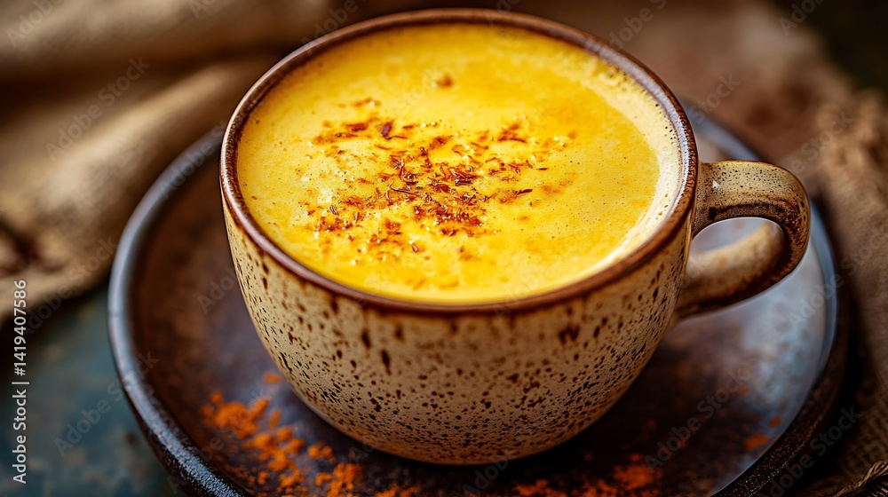 Serving Golden Milk in Ceramic Mug with Topping Serving Golden Milk in Ceramic Mug with Topping