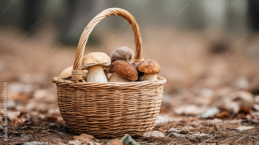 Freshly picked porcini mushrooms in a wicker basket lying on the forest floor during the late summer mushroom picking season Freshly picked porcini mushrooms in a wicker basket lying on the forest floor during the late summer mushroom picking season