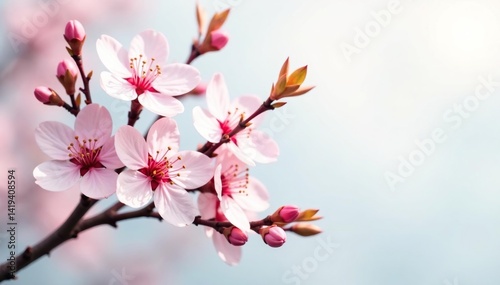 Intricate sakura branch pattern, showcasing individual blossoms and buds against a light background , blossom, print