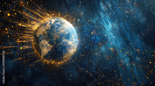 Earth from Space with Glowing Lights and Stars