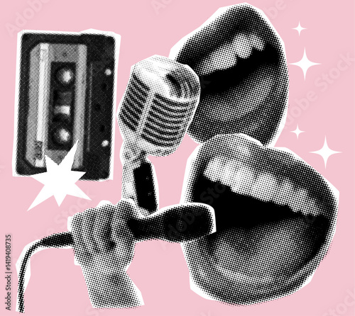 Trendy music halftone collage with halftone microphone and singing mouth,retro cassette