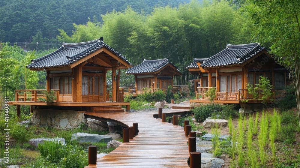 Fototapeta premium Small korean houses with a walkway nestled in nature