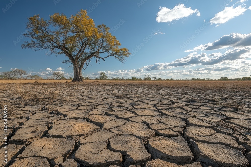 Fototapeta premium Dry cracked earth with lone tree