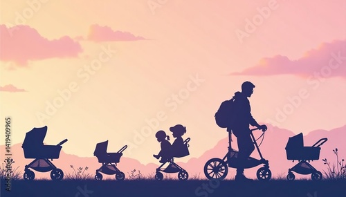 Subtle stroller silhouette repeat on pastel background, geometric, pattern, graphic