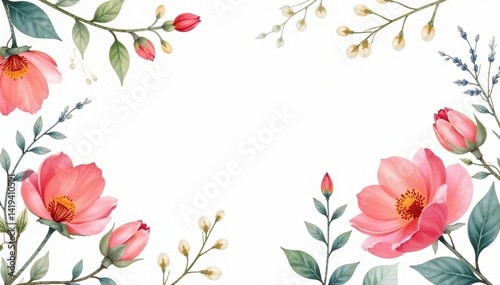 Delicate watercolor floral pattern on white background, botanical, garden
