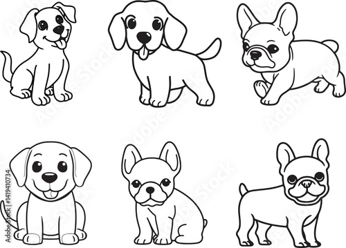 Set of Black and White Cartoon Dog Illustrations with Labradors and French Bulldogs for Pet Themes