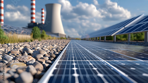Renewable energy development industrial area photovoltaic solar panels sustainable environment ground level clean energy concept