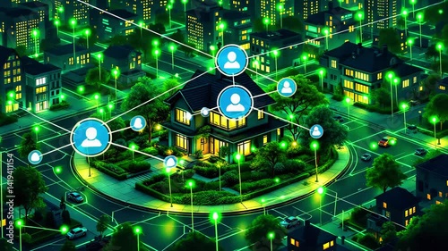 A vibrant digital illustration of a smart home surrounded by a connected neighborhood at night