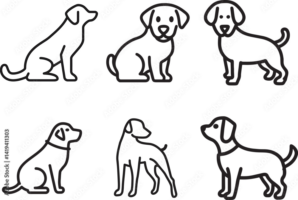 Obraz premium Collection of Black and White Dog Outlines in Various Poses for Minimalistic Pet Designs