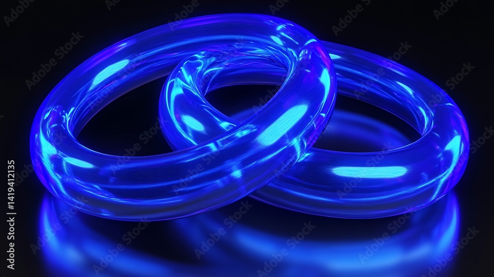 Fototapeta premium Intertwined, glowing blue rings on dark surface