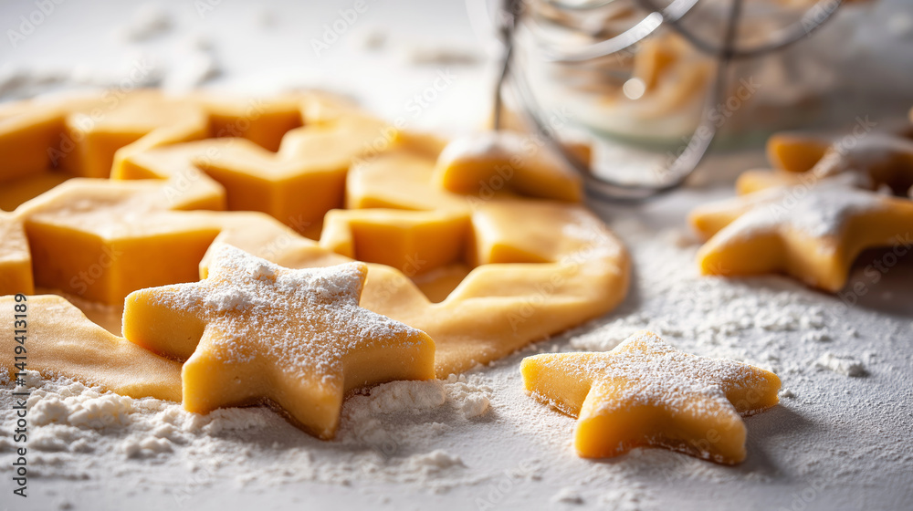 Christmas star shaped cookies making process, sprinkled with powdered sugar on white table with cookie cutters Christmas star shaped cookies making process, sprinkled with powdered sugar on white table with cookie cutters