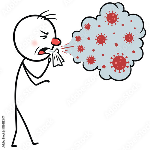 Stick Figure Sneezing with Virus Particles