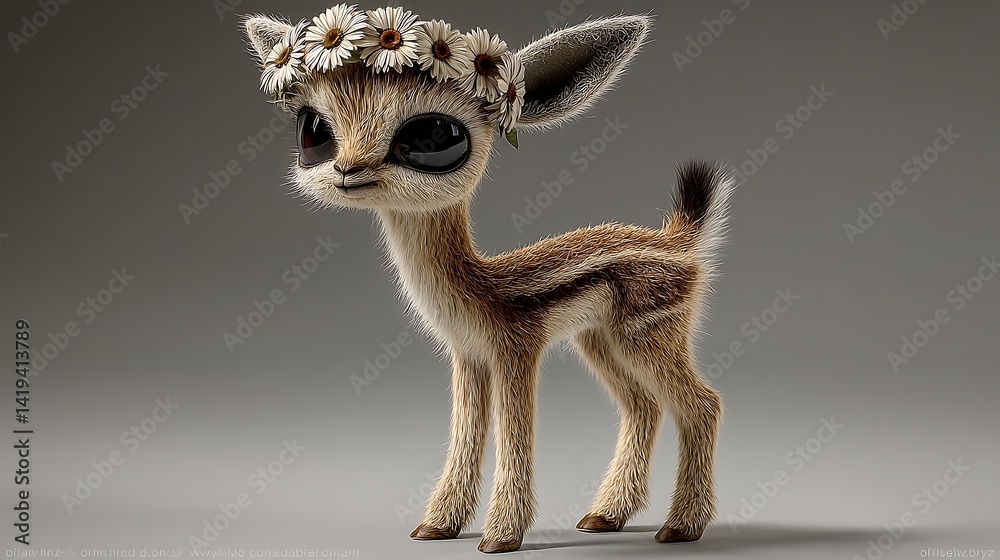 Obraz premium Adorable Fuzzy Fawn with Flower Crown 3D Render