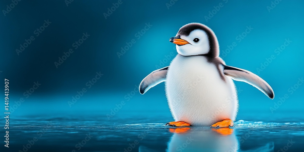 Fototapeta premium A charming penguin standing on icy ground against a striking blue background.