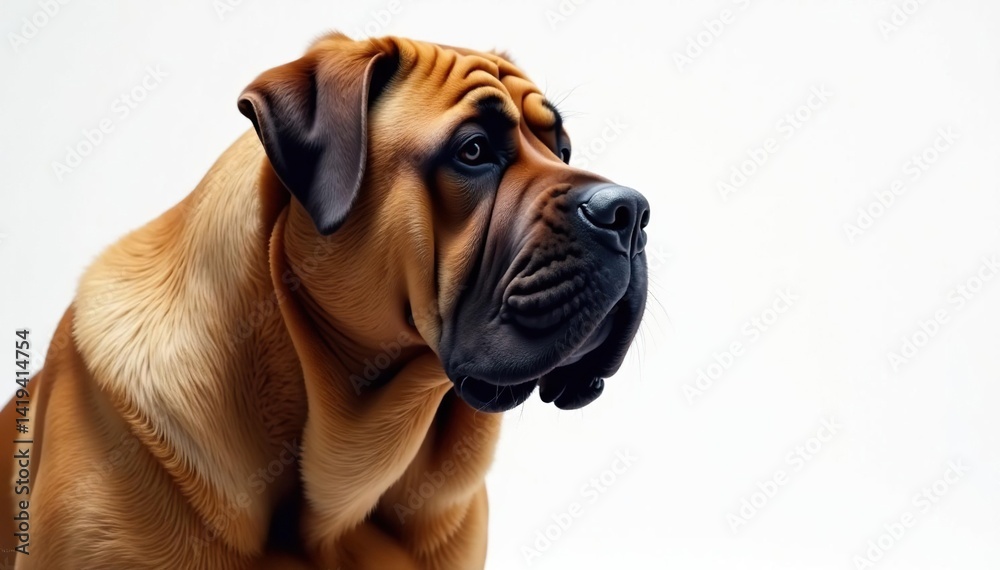 Fototapeta premium Imposing mastiff head and shoulders, pure white backdrop, detail, shoulders