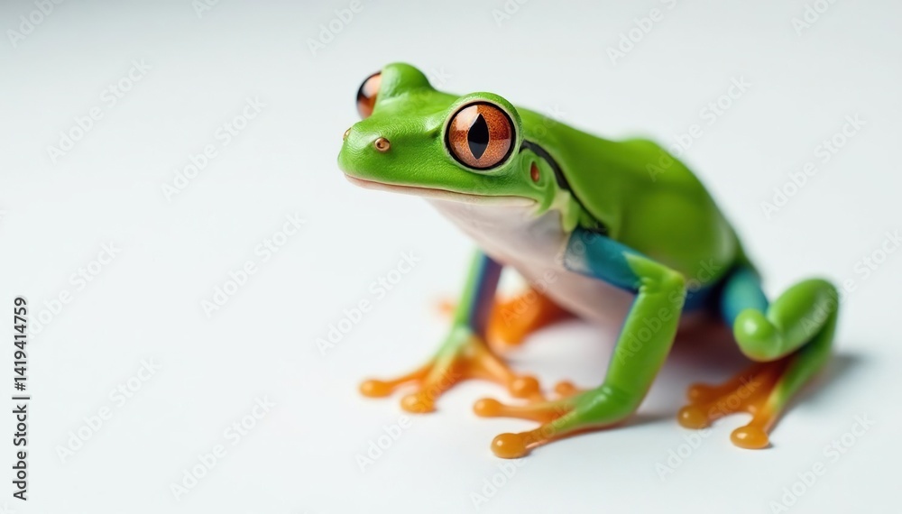 Obraz premium Green tree frog, perched on white, vibrant skin, background, reptile, nature