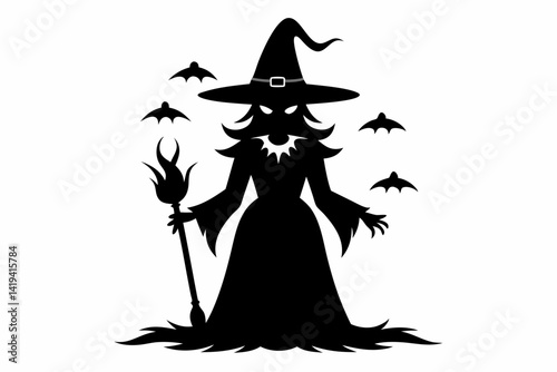witch silhouette line art vector illustration