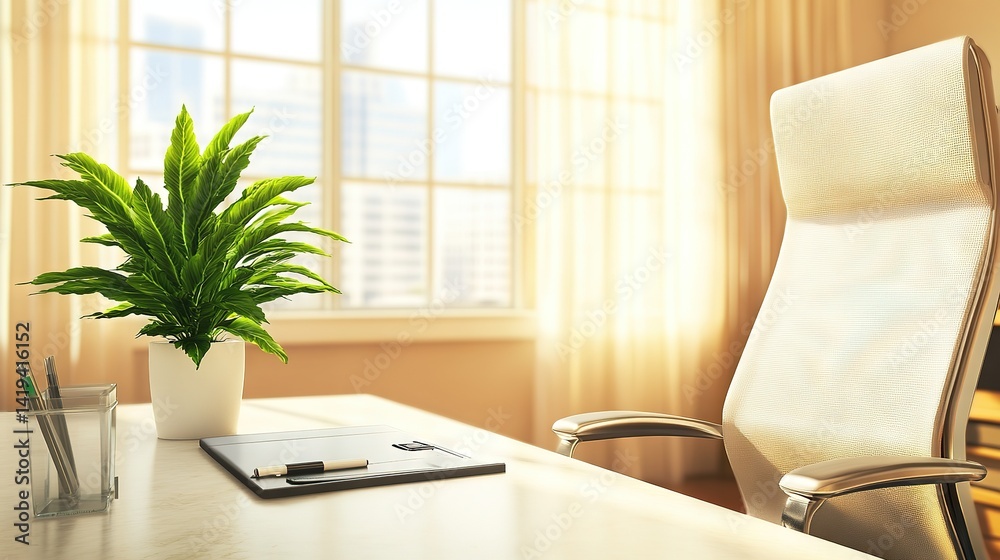 Fototapeta premium Sleek Office Minimalism: Sunlit Workspace with Design Aesthetics Design 