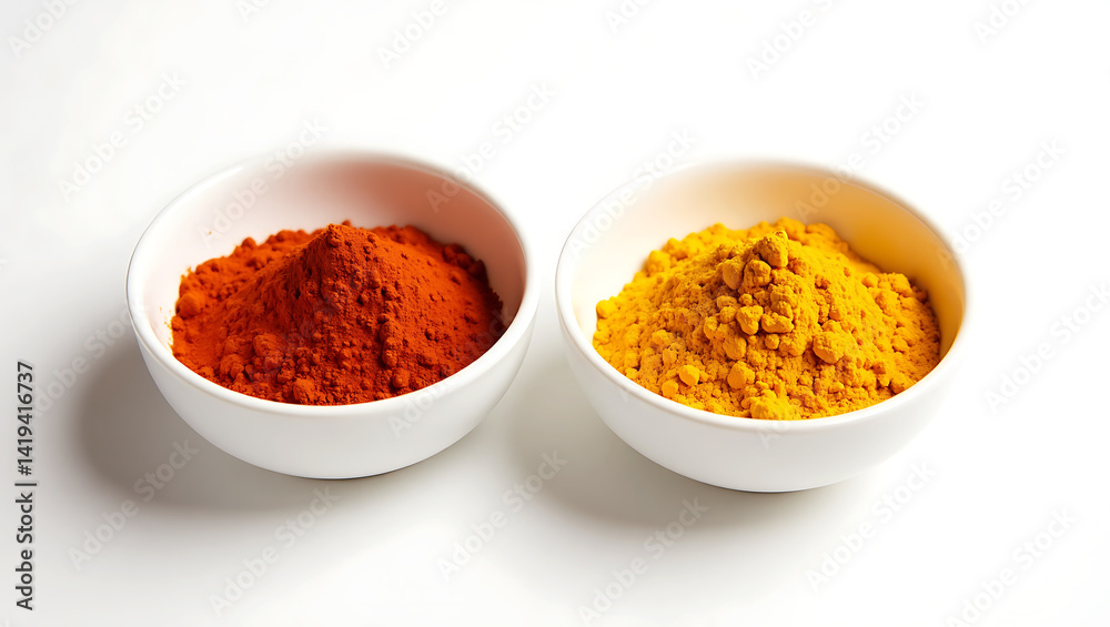 Comparison of Red Paprika and Yellow Turmeric Spices in Elegant White Bowls - Culinary Essentials Comparison of Red Paprika and Yellow Turmeric Spices in Elegant White Bowls - Culinary Essentials