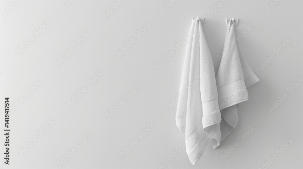 Fototapeta premium A pair of fresh clean white towels hanging on hooks against a minimalist white wall background with copy space