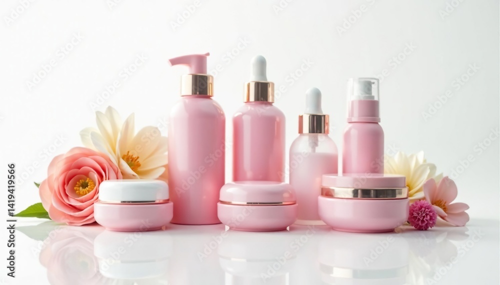 Various cosmetic containers on white backdrop, arrangement, spa, wellness Various cosmetic containers on white backdrop, arrangement, spa, wellness