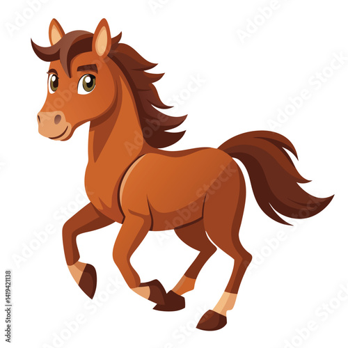 Animated Brown Horse Trotting with Lush Mane and Tail on a White Background