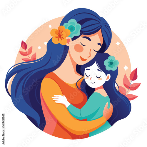 Asian Mother and Daughter Embrace with Flowers in Hair on White Background