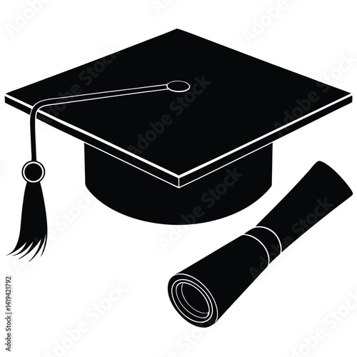 Black Academic Cap with Tassel and Diploma Isolated on White Background