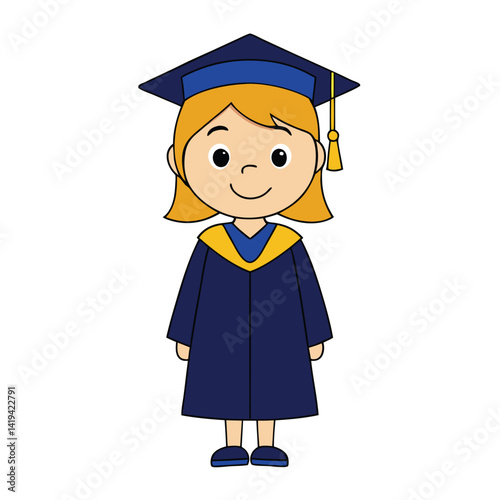 Cartoon Graduate Character with Blonde Hair Wearing Cap and Gown on White
