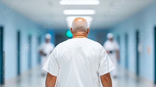 Elderly Prisoner in White Jumpsuit Walking Down Brightly Lit Corridor Flanked by Guards