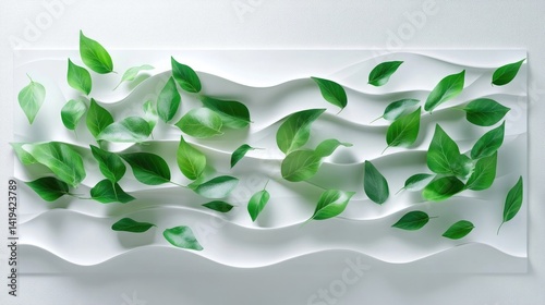 Green flying leaves on long white banner, leaf falling, wave foliage ornament