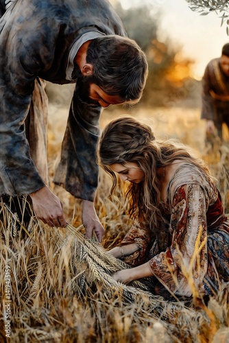 A hyper-realistic biblical scene set in the fields of ancient Bethlehem during the golden hour. Ruth, a humble Moabite woman  is gleaning leftover barley in the field. 