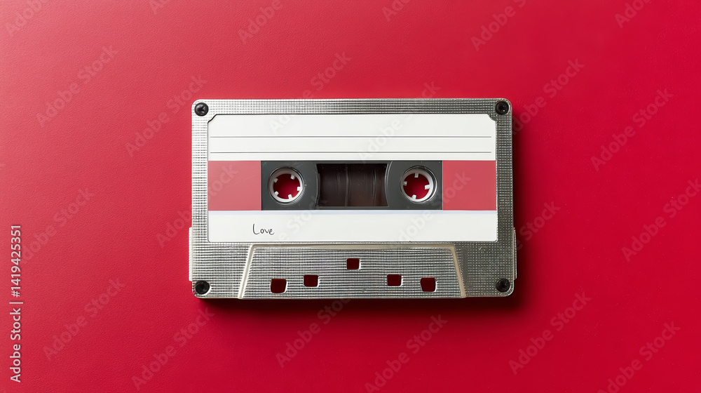 Fototapeta premium A classic audio cassette lies on a vibrant red surface, symbolizing a bygone era of music and personal mixtapes associated with love and memories.