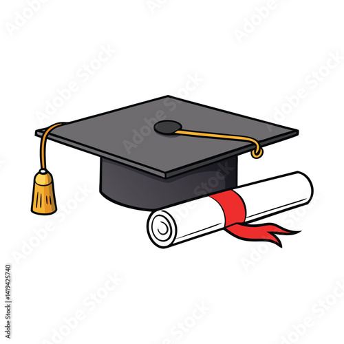 Mortarboard with Tassel and Diploma on Isolated White Background