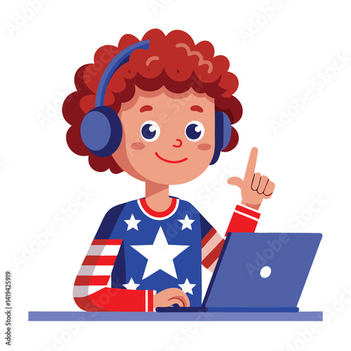 Redhaired Boy with Headphones Using Laptop and Pointing on White Background